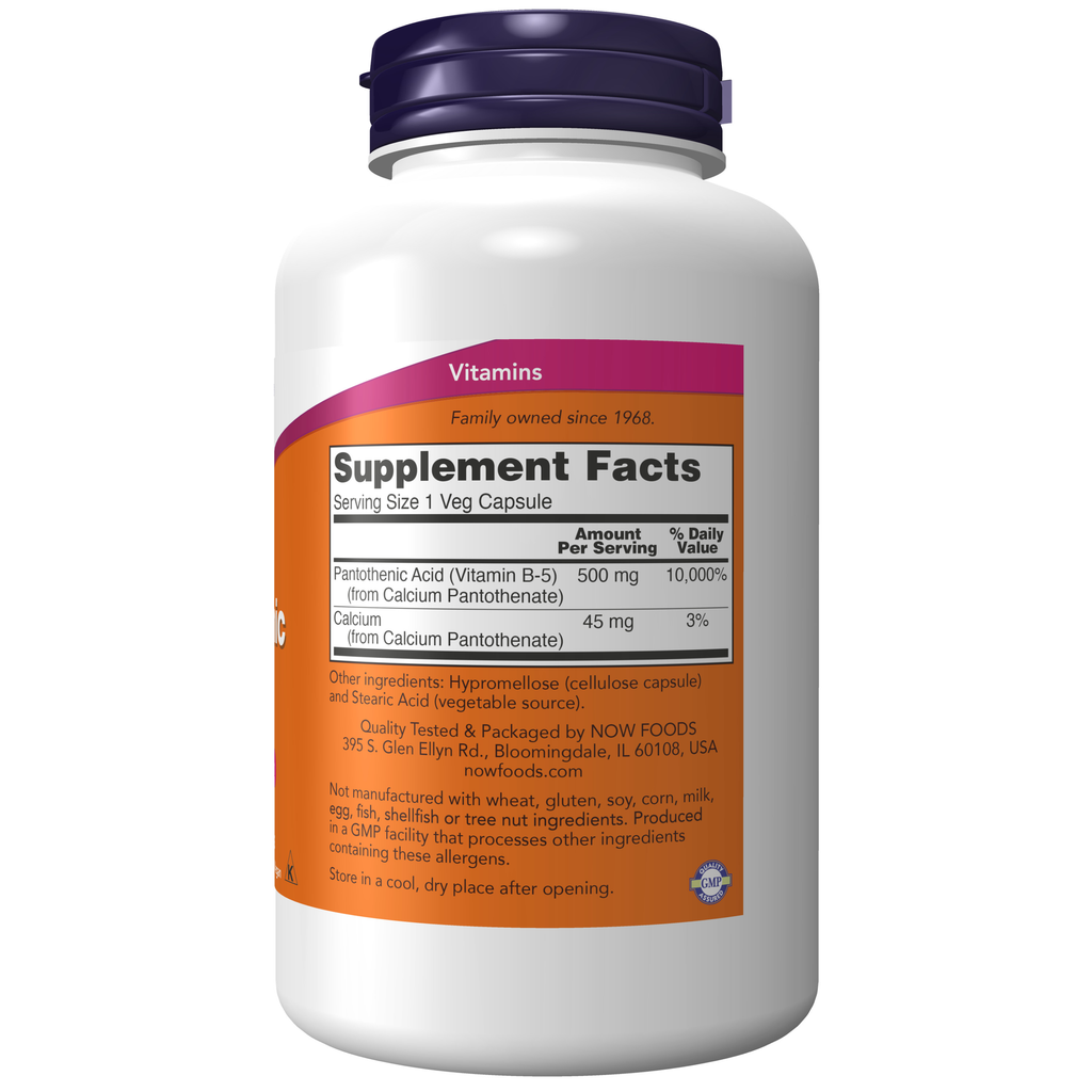 NOW Foods Pantothenic Acid 500 mg - 250 Veg Capsules – Right label / Etykieta producenta