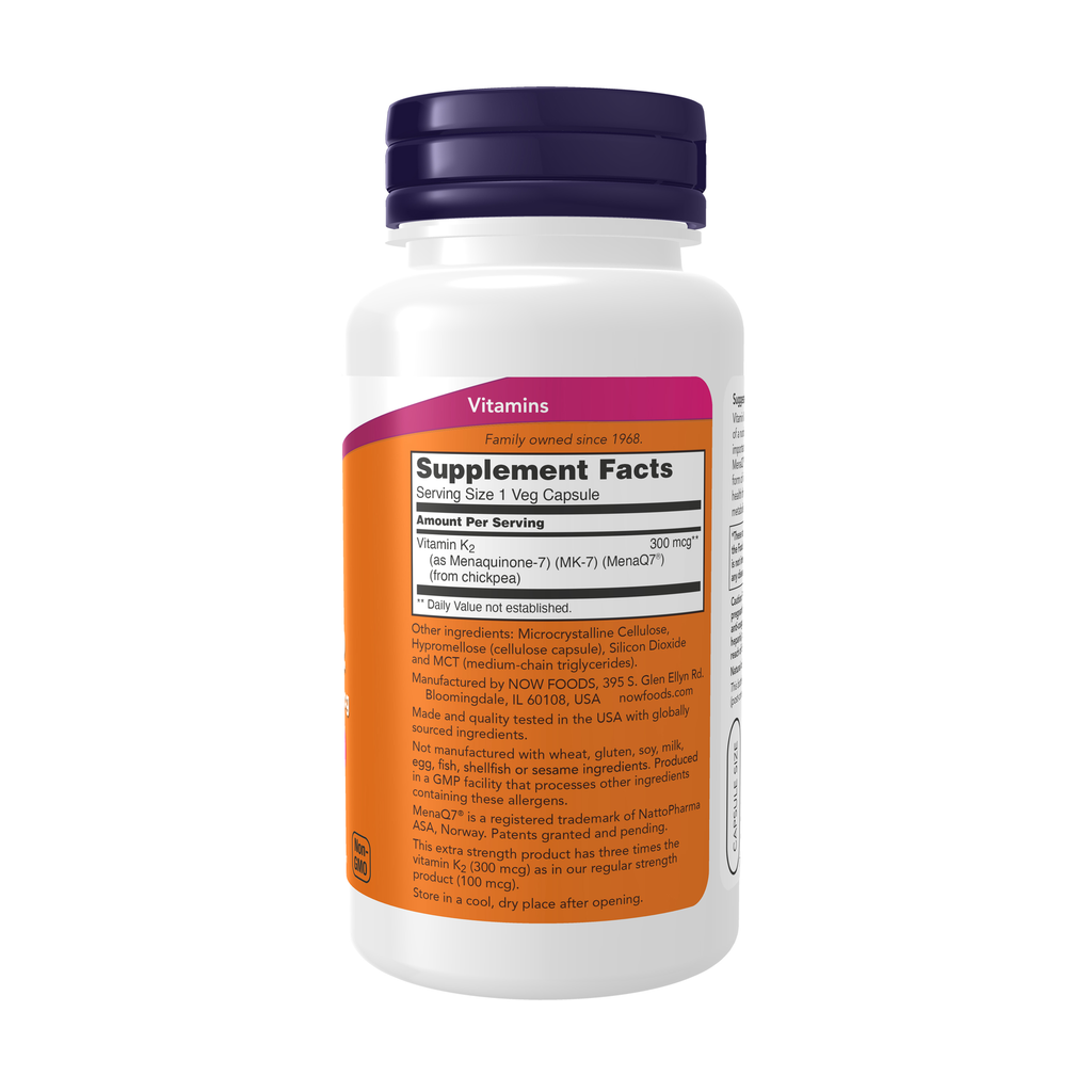 NOW Foods MK-7 Vitamin K-2, Extra Strength 300 mcg - 120 Veg Capsules – Right label / Etykieta producenta