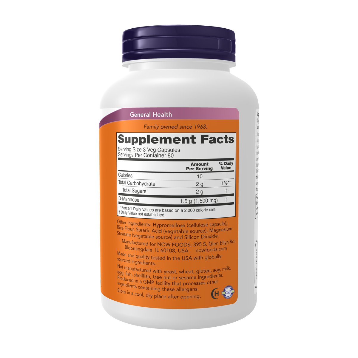 NOW Foods D-Mannose 500 mg - 240 Veg Capsules – Right label / Etykieta producenta