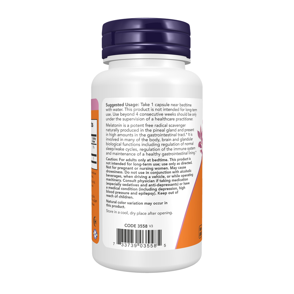 NOW Foods Melatonin, Maximum Strength 20 mg - 90 Veg Capsules – Left label / Etykieta producenta
