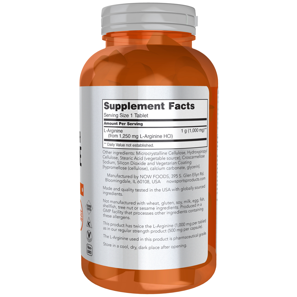 NOW Foods L-Arginine 1000 mg, Double Strength - 180 Tablets – Label details / Etykieta producenta