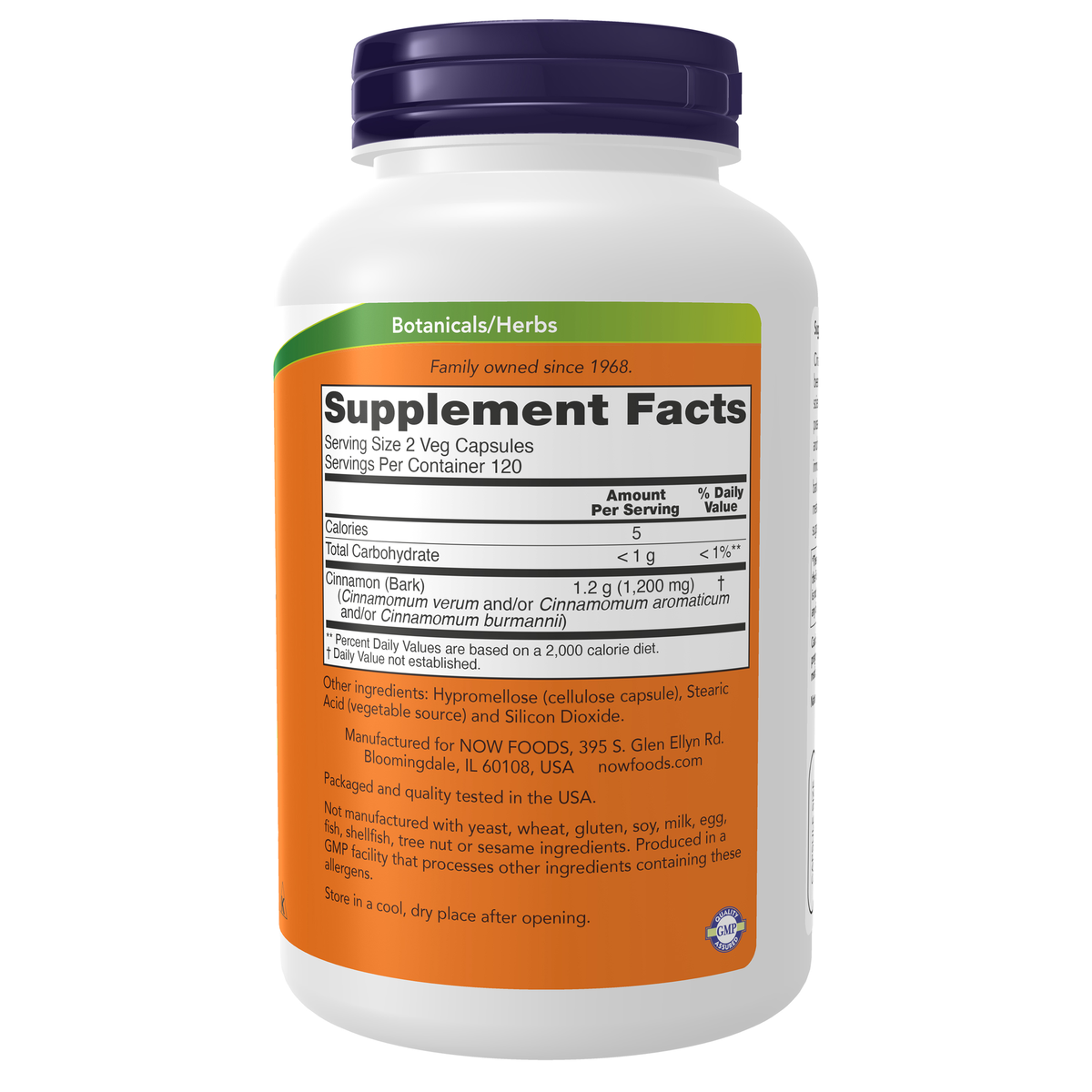 NOW Foods Cinnamon Bark 600 mg - 240 Veg Capsules – Right label / Etykieta producenta