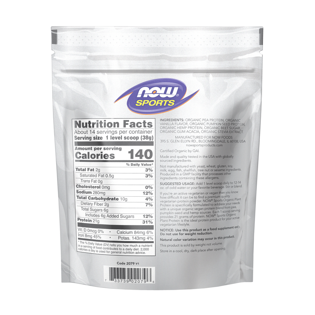 NOW Foods Plant Protein, Organic Creamy Vanilla Powder - 1.2 lbs. – Back label / Etykieta producenta