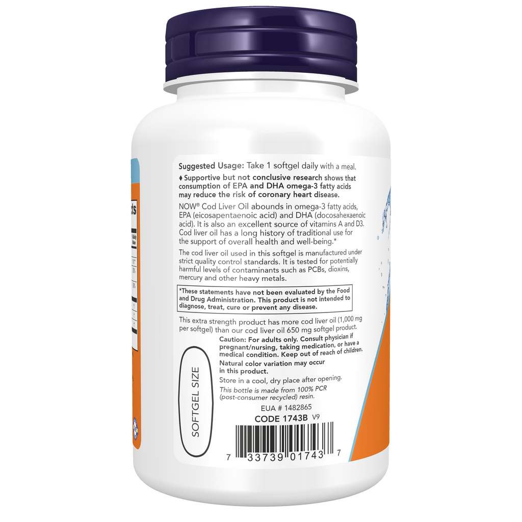 NOW Foods Cod Liver Oil, Extra Strength 1,000 mg - 90 Softgels – Left label / Etykieta producenta