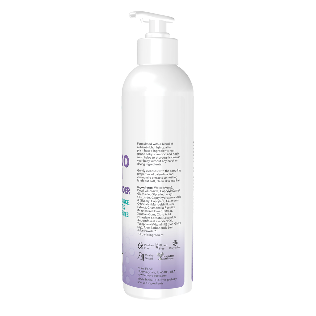 NOW Foods Gentle Baby Shampoo & Wash, Calming Lavender - 8 fl. oz. – Label details / Etykieta producenta