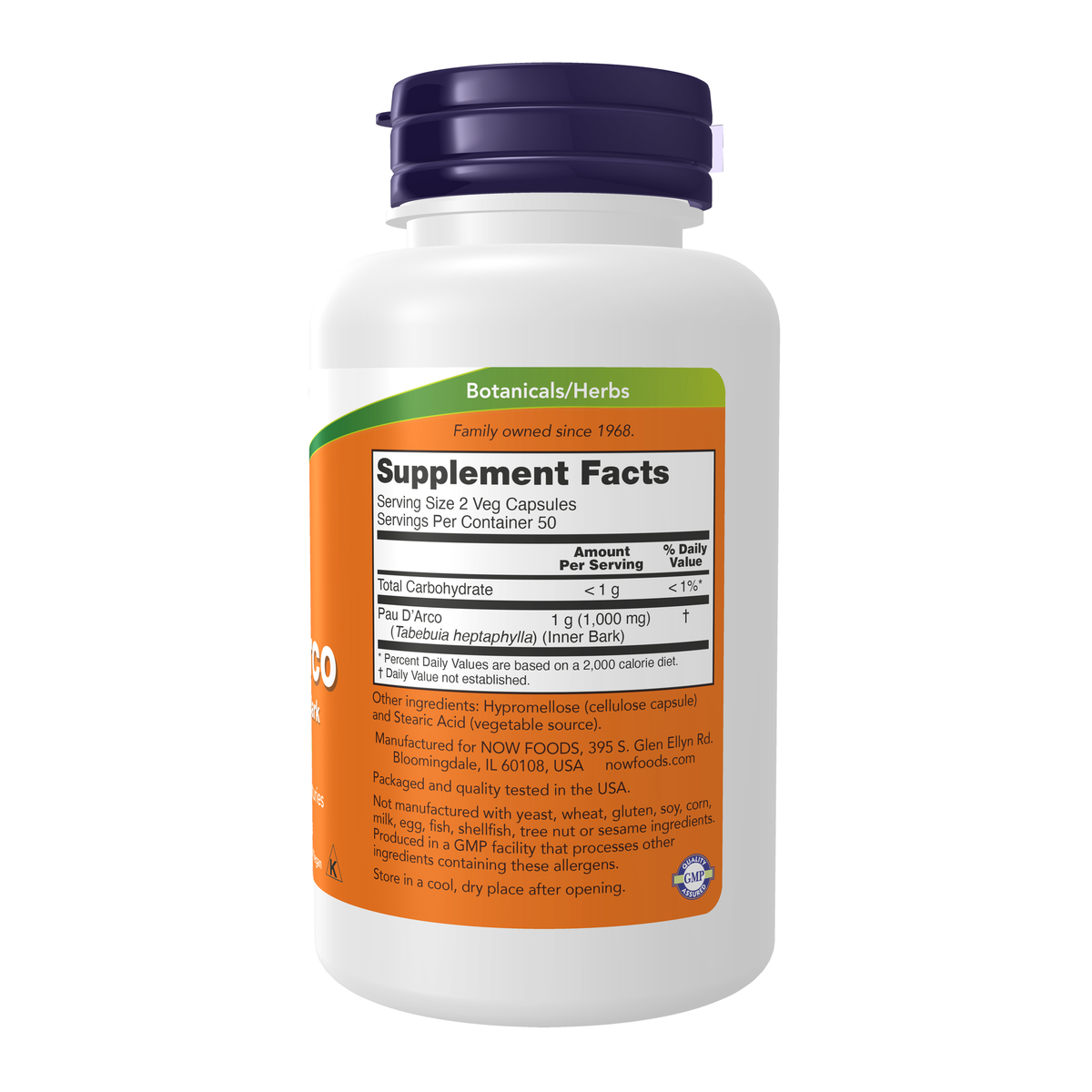 NOW Foods Pau D' Arco 500 mg - 100 Veg Capsules – Right label / Etykieta producenta