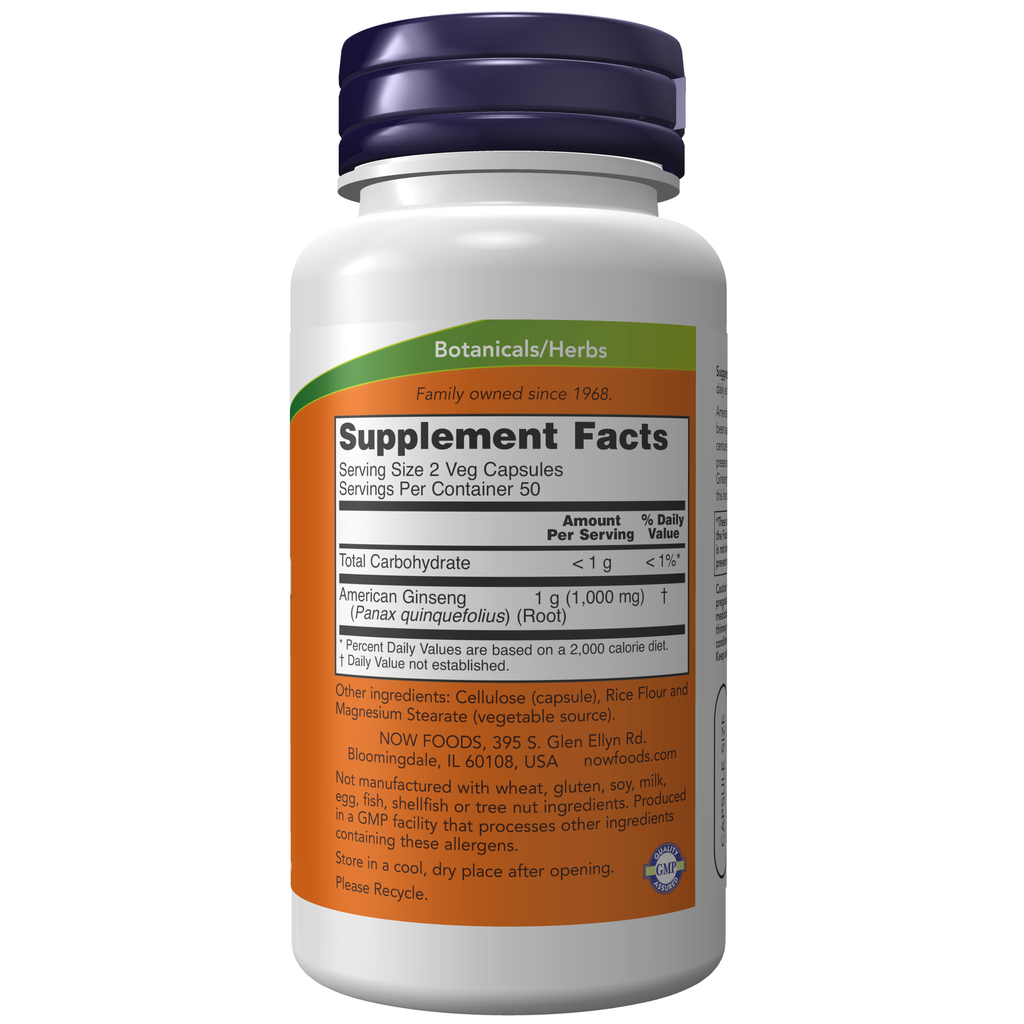 NOW Foods American Ginseng Extract - 100 Veg Capsules – Label details / Etykieta producenta