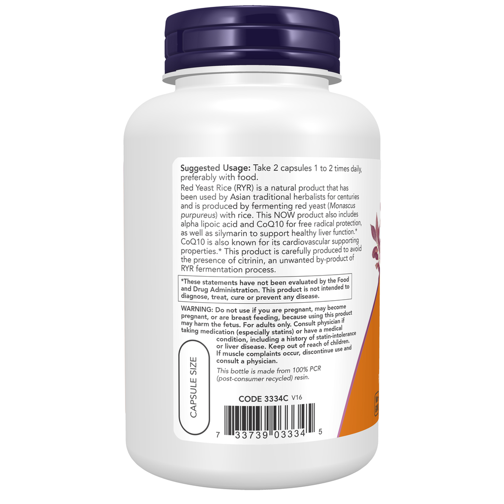 NOW Foods Red Yeast Rice 600 mg with CoQ10 30 mg - 120 Veg Capsules – Left label / Etykieta producenta