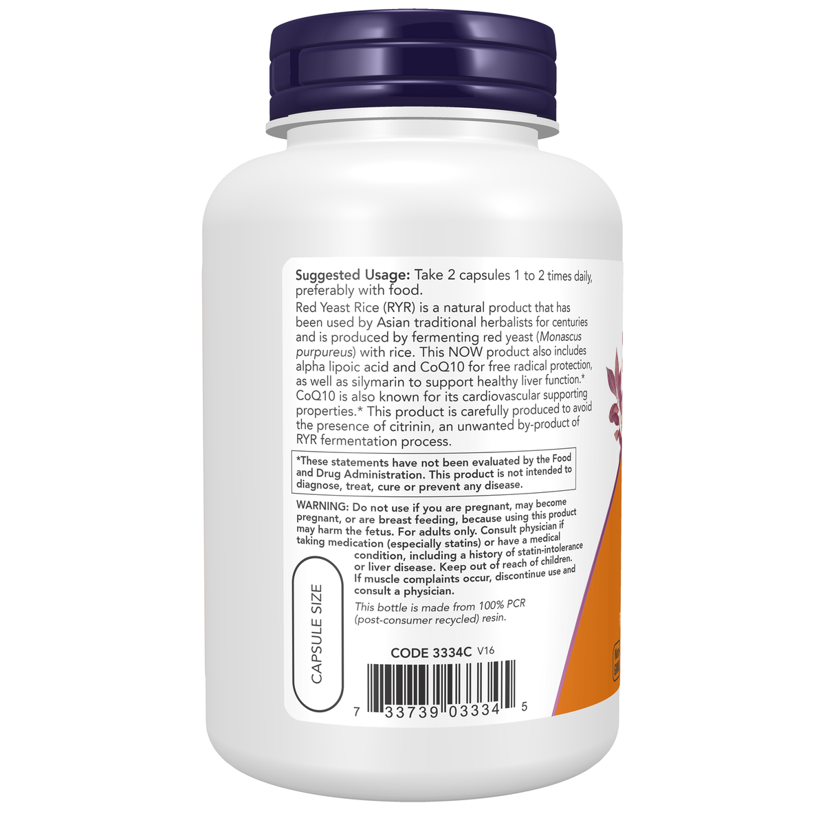 NOW Foods Red Yeast Rice 600 mg with CoQ10 30 mg - 120 Veg Capsules – Left label / Etykieta producenta