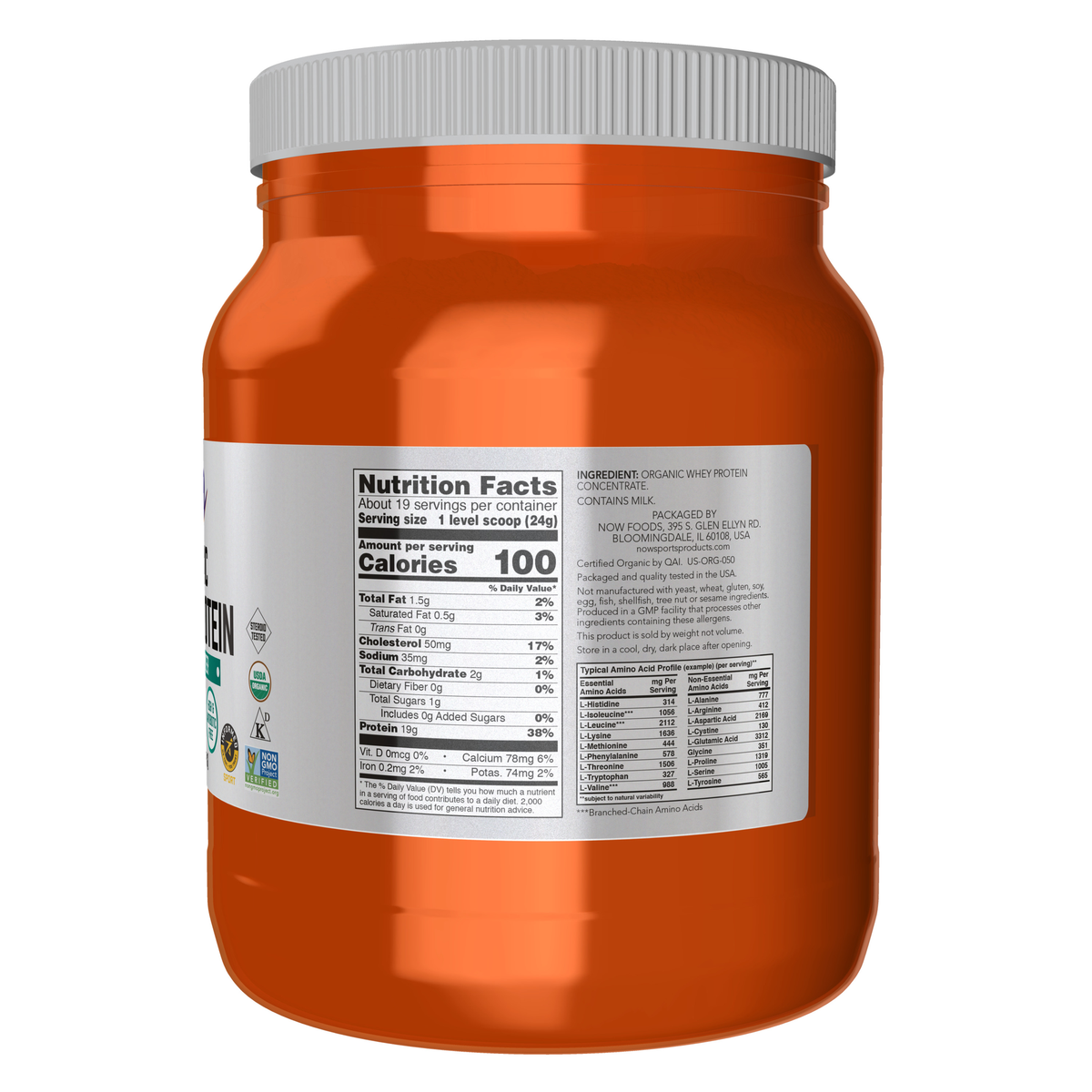 NOW Foods Whey Protein, Organic Unflavored Powder - 1 lb. – Label details / Etykieta producenta