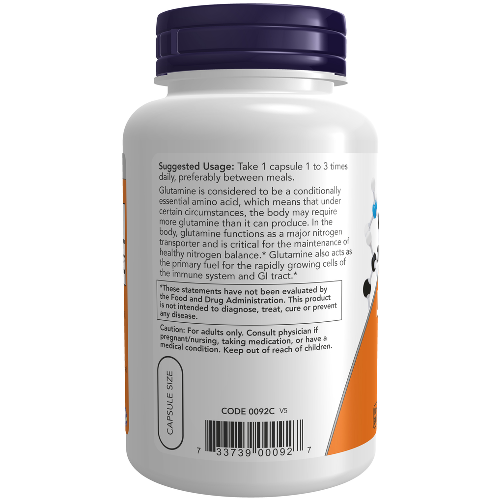 NOW Foods L-Glutamine 500 mg - 120 Veg Capsules – Left label / Etykieta producenta