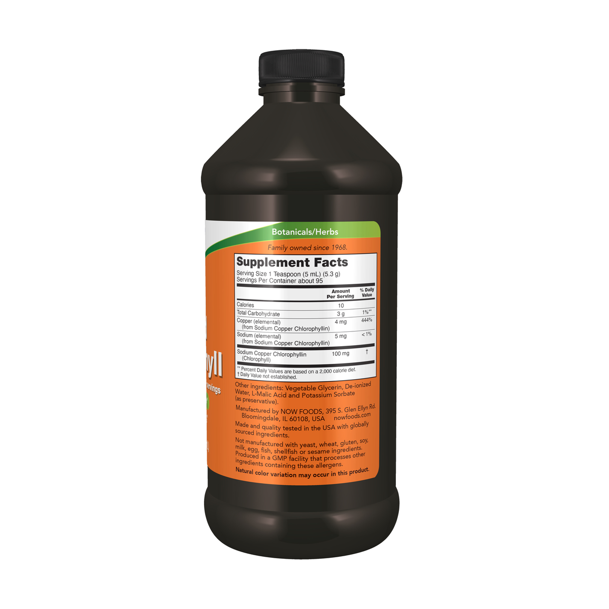 NOW Foods Chlorophyll Liquid, Unflavored - 16 fl. oz. – Right label / Etykieta producenta