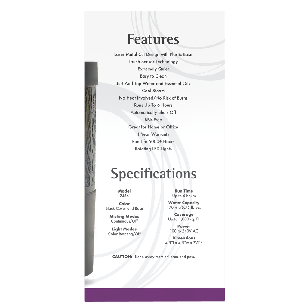 NOW Foods Metal Touch Ultrasonic Oil Diffuser – Label details / Etykieta producenta