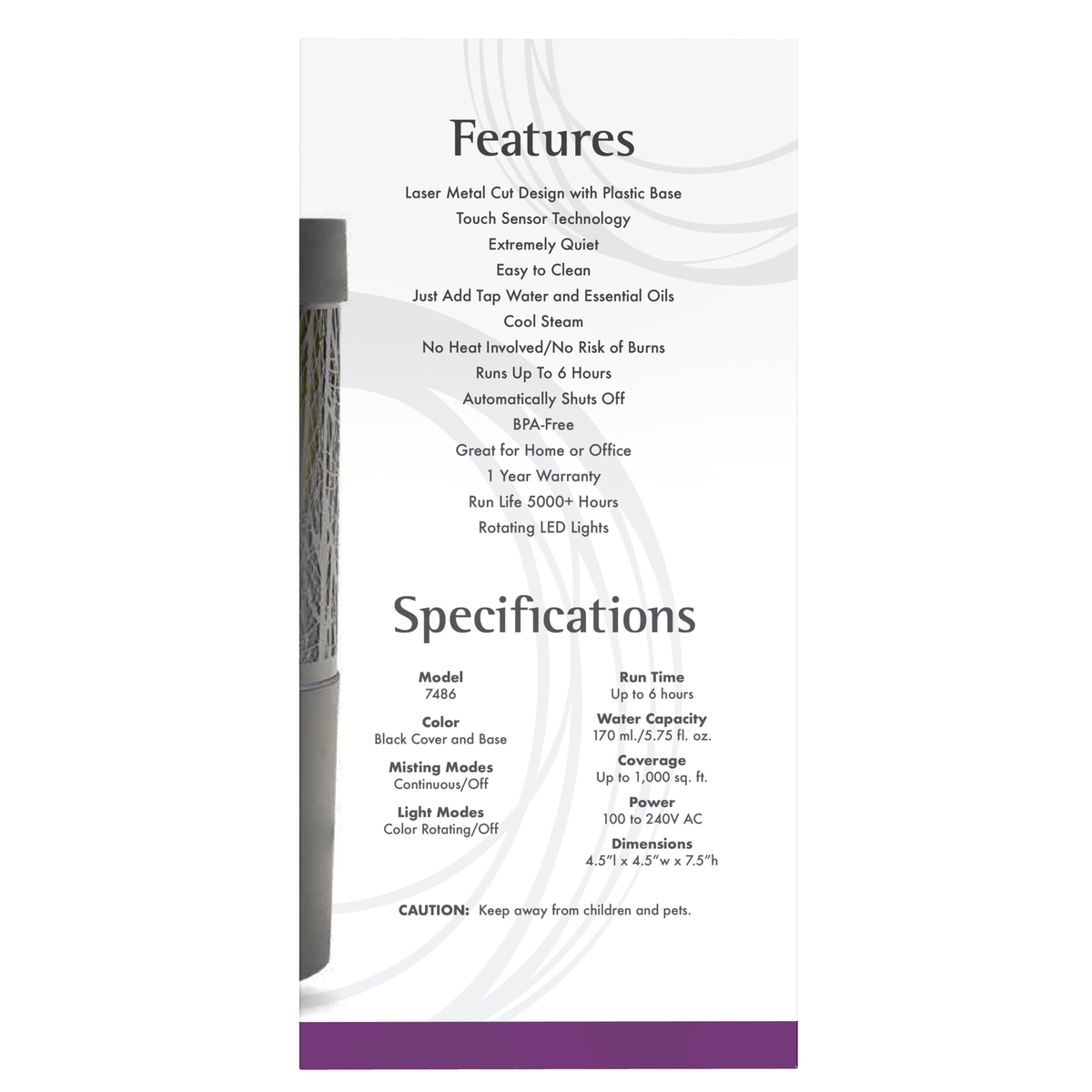 NOW Foods Metal Touch Ultrasonic Oil Diffuser – Label details / Etykieta producenta
