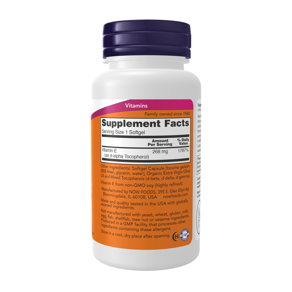 NOW Foods Vitamin E-400 With Mixed Tocopherols - 100 Softgels – Right label / Etykieta producenta
