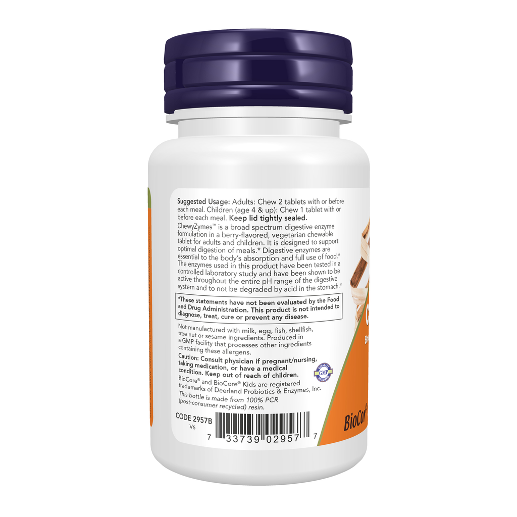 NOW Foods ChewyZymes - 90 Chewables – Left label / Etykieta producenta