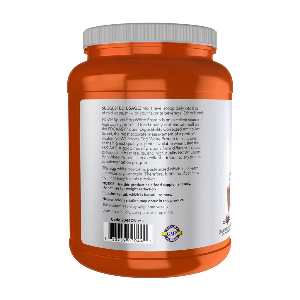 NOW Foods Egg White Protein, Creamy Chocolate Powder - 1.5 lbs. – left label / Etykieta producenta