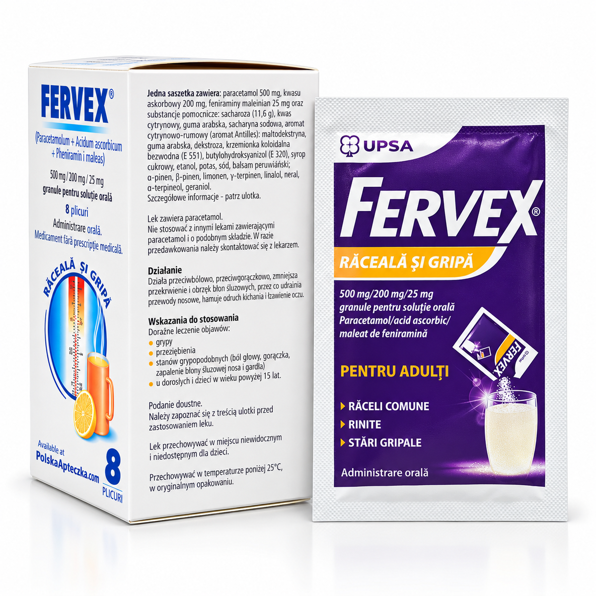 Fervex Cold & Flu for Adults – Fever, Headache & Runny Nose Relief | 8 Sachets Lemon Flavor - Apteczka | Proton Nutrition