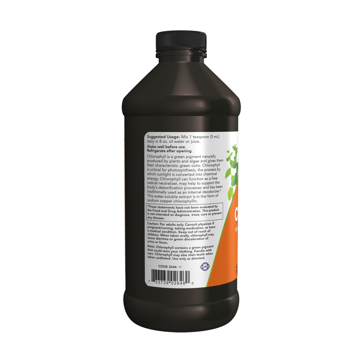 NOW Foods Chlorophyll Liquid, Unflavored - 16 fl. oz. – Left label / Etykieta producenta