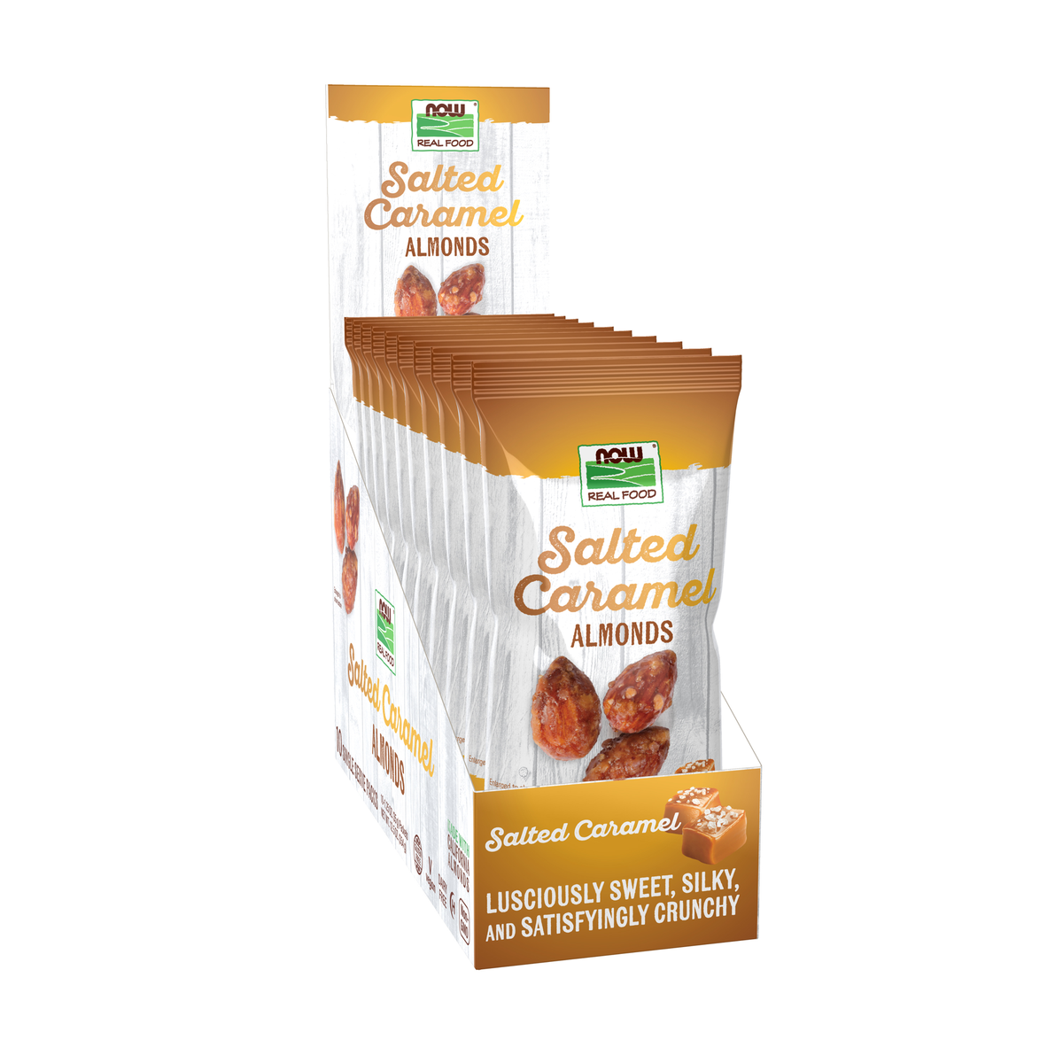 NOW Foods Almonds, Salted Caramel  - 10 - 1.25 oz. (35g) Packets / migdały, słony karmel  - 10 - 1.25 oz. (35g) saszetek