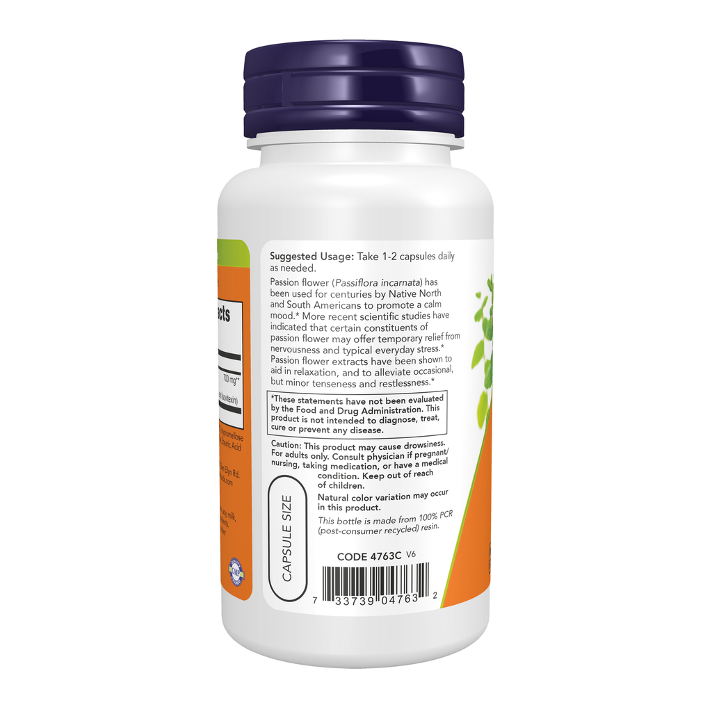 NOW Foods Passion Flower 350 mg - 90 Veg Capsules – Left label / Etykieta producenta