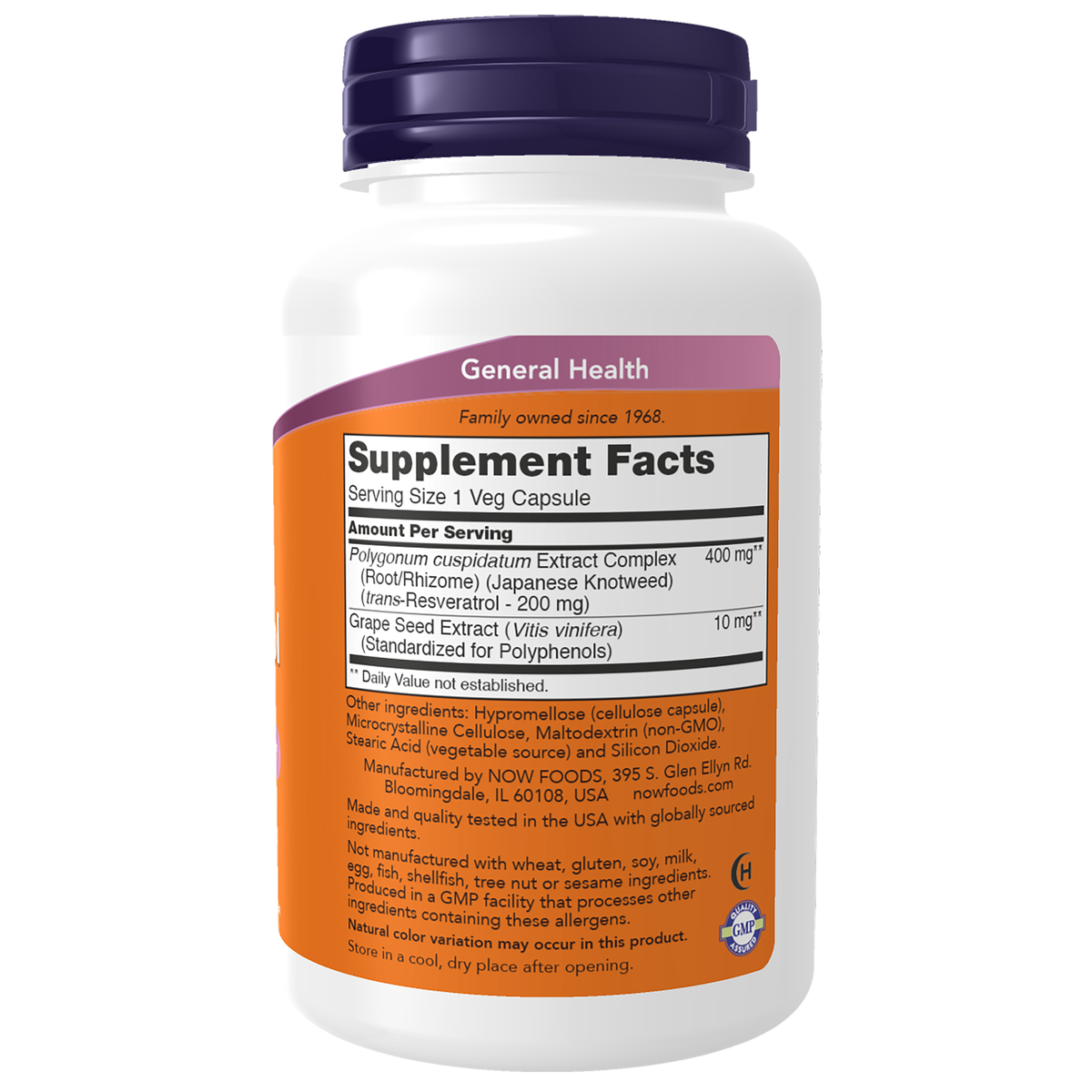NOW Foods Resveratrol 200 mg - 120 Veg Capsules – Right label / Etykieta producenta