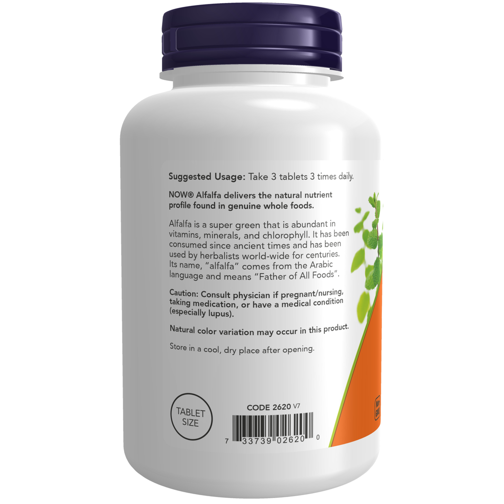 NOW Foods Alfalfa 650 mg - 250 Tablets – Label details / Etykieta producenta