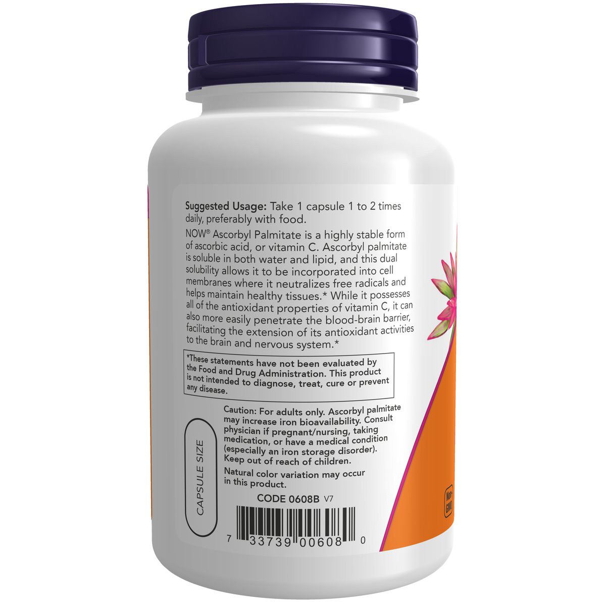 NOW Foods Ascorbyl Palmitate 500 mg - 100 Veg Capsules – Label details / Etykieta producenta