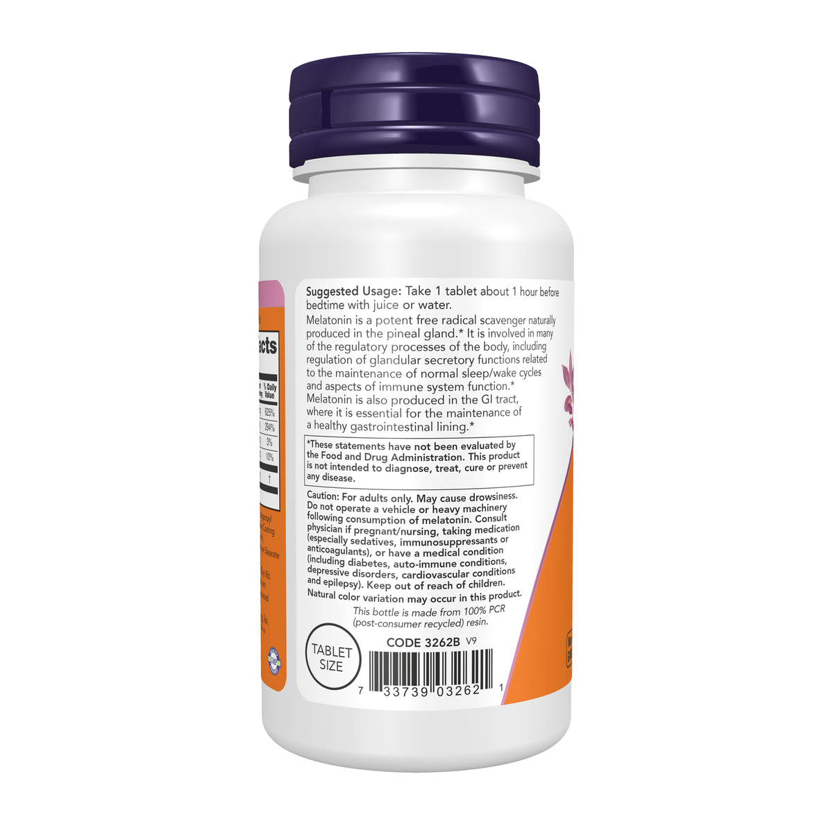 NOW Foods Melatonin 1 mg - 100 Tablets – Left label / Etykieta producenta