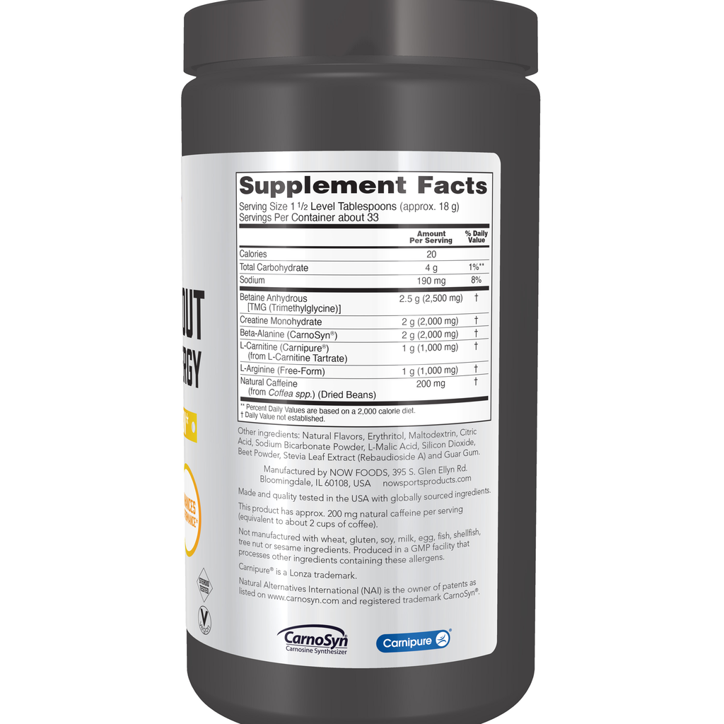 NOW Foods Pre-Workout Advanced Energy - 21.16 Ounce – Right label / Etykieta producenta