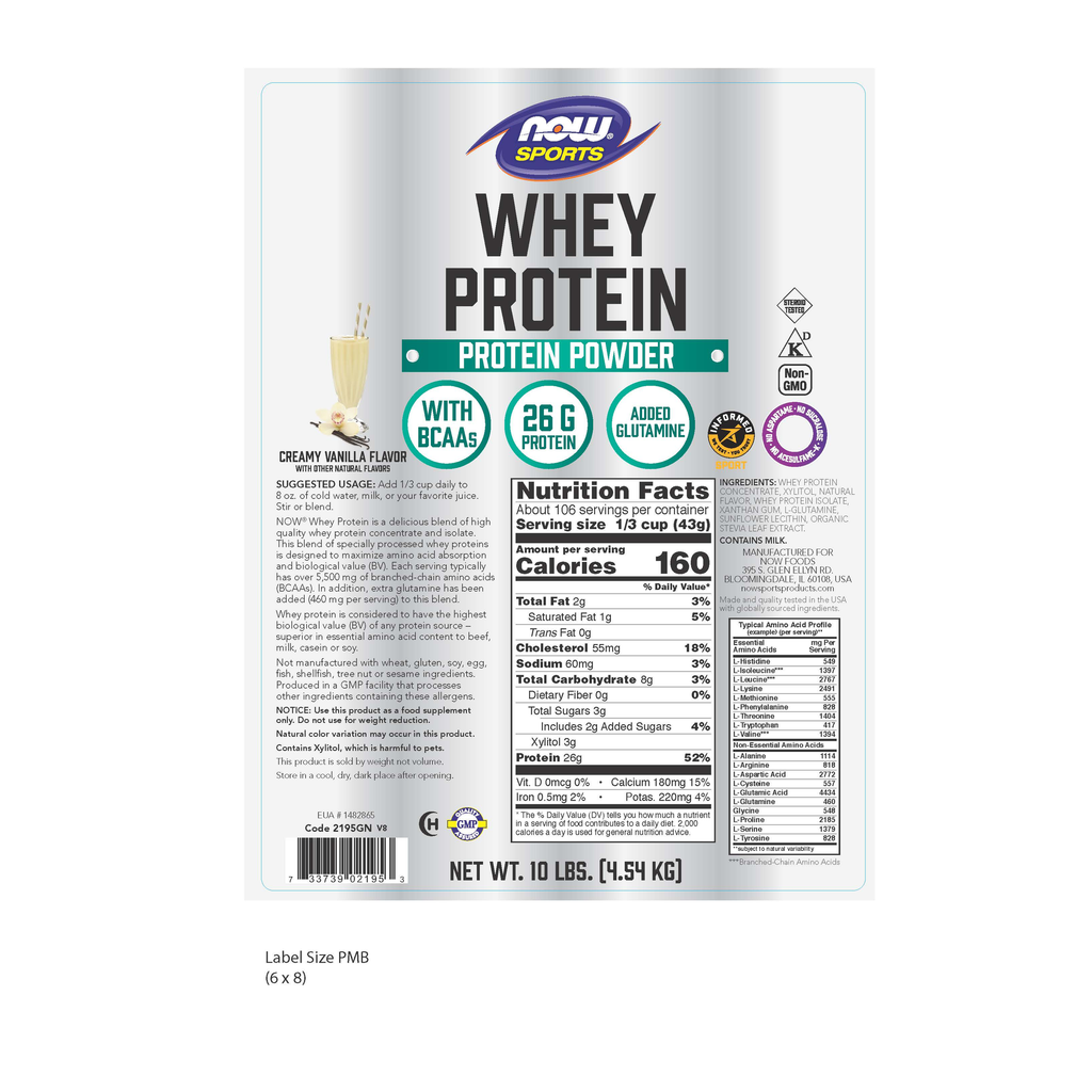 NOW Foods Whey Protein, Creamy Vanilla Powder - 10 lbs. – right label / Etykieta producenta