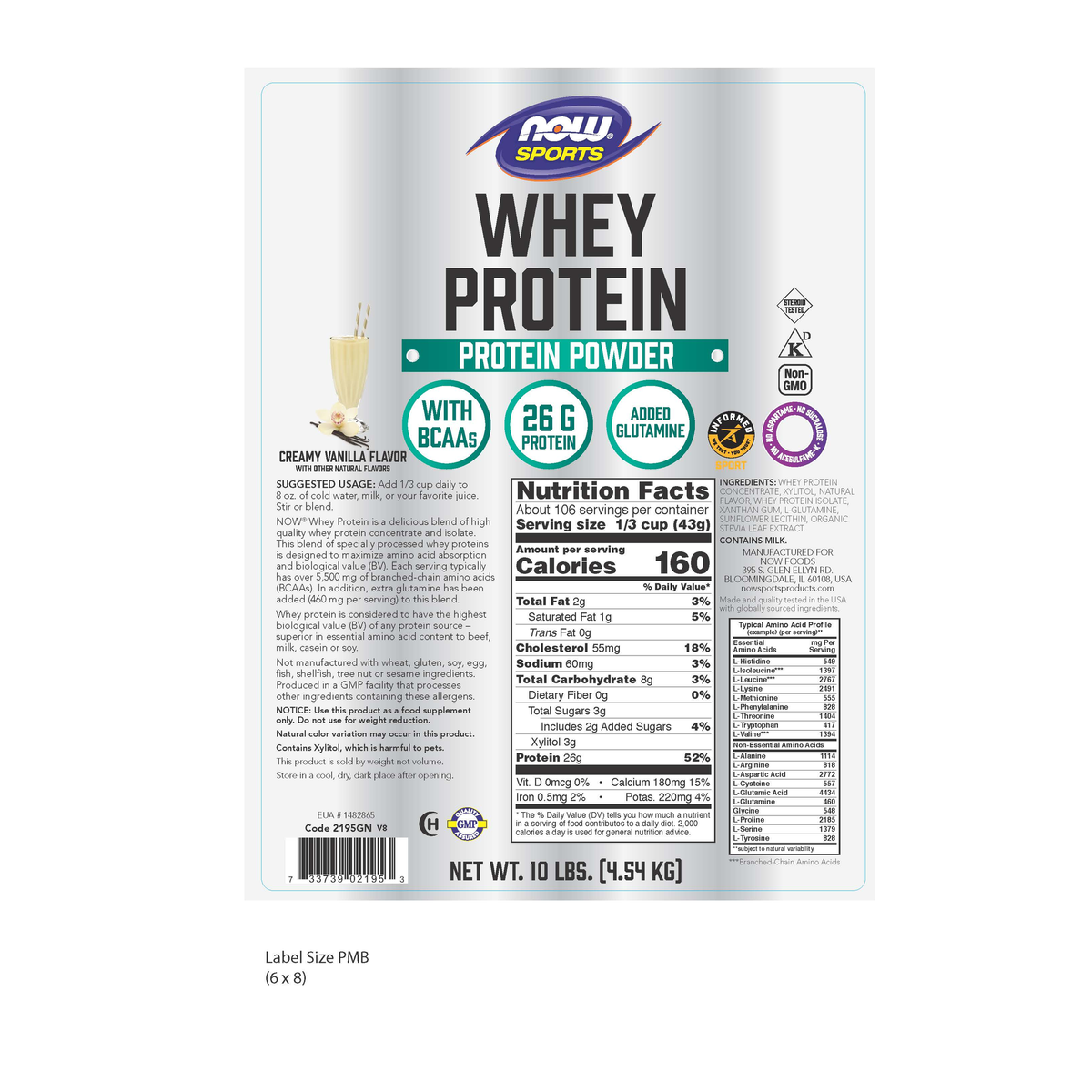 NOW Foods Whey Protein, Creamy Vanilla Powder - 10 lbs. – right label / Etykieta producenta