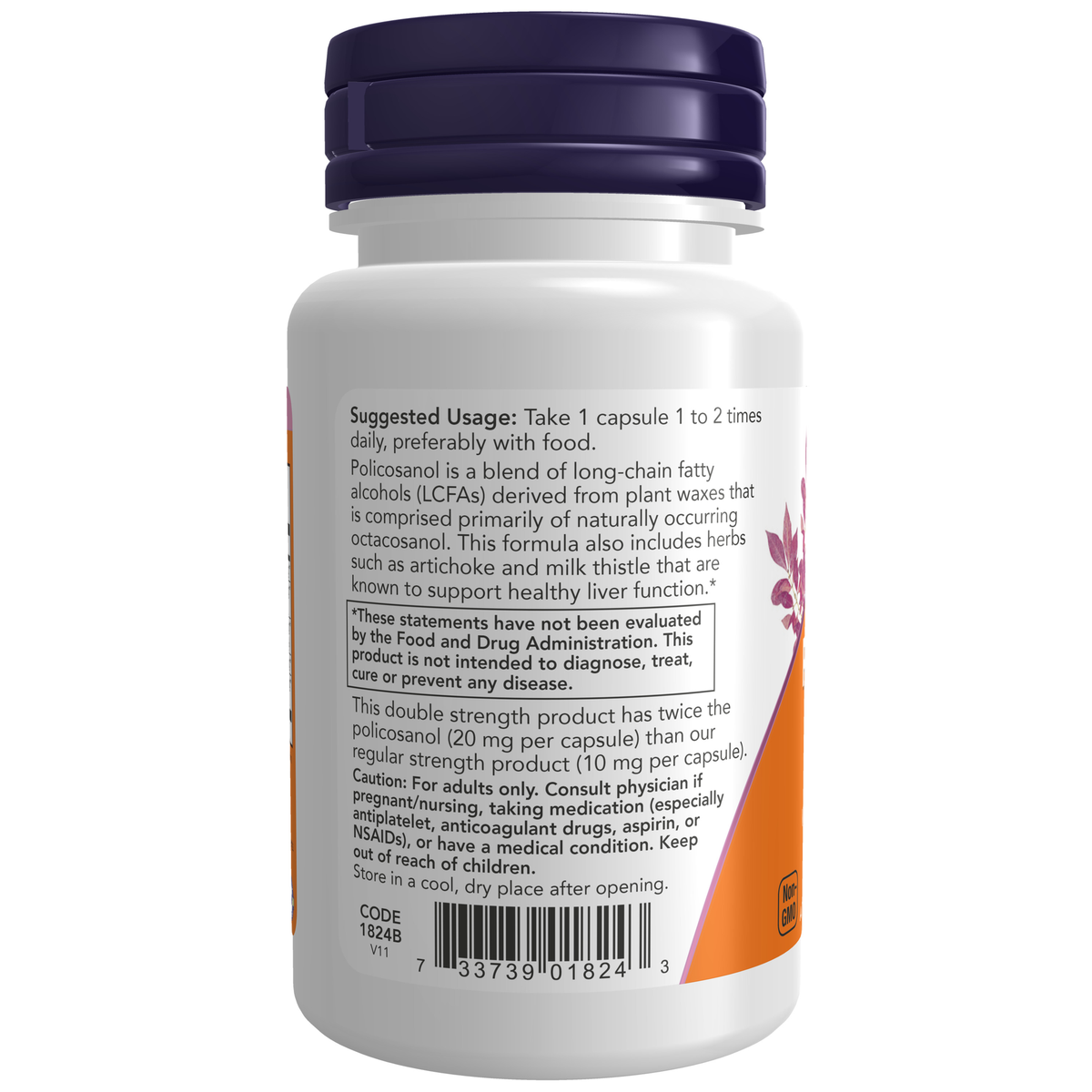 NOW Foods Policosanol, Double Strength 20 mg - 90 Veg Capsules – Label details / Etykieta producenta