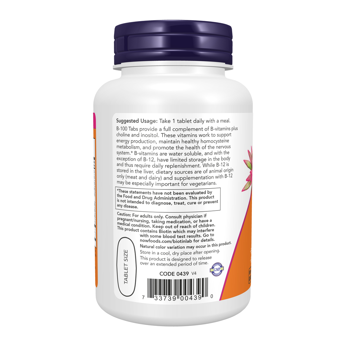 NOW Foods Vitamin B-100 Sustained Release - 100 Tablets – Left label / Etykieta producenta