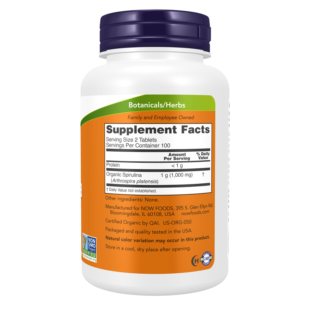 NOW Foods Spirulina 500 mg, Organic - 200 Tablets – Right label / Etykieta producenta