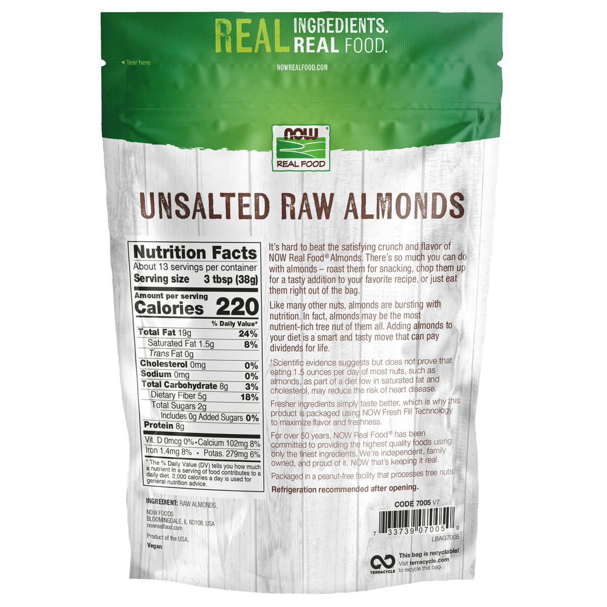 NOW Foods Almonds, Raw & Unsalted - 16 oz. – Label details / Etykieta producenta