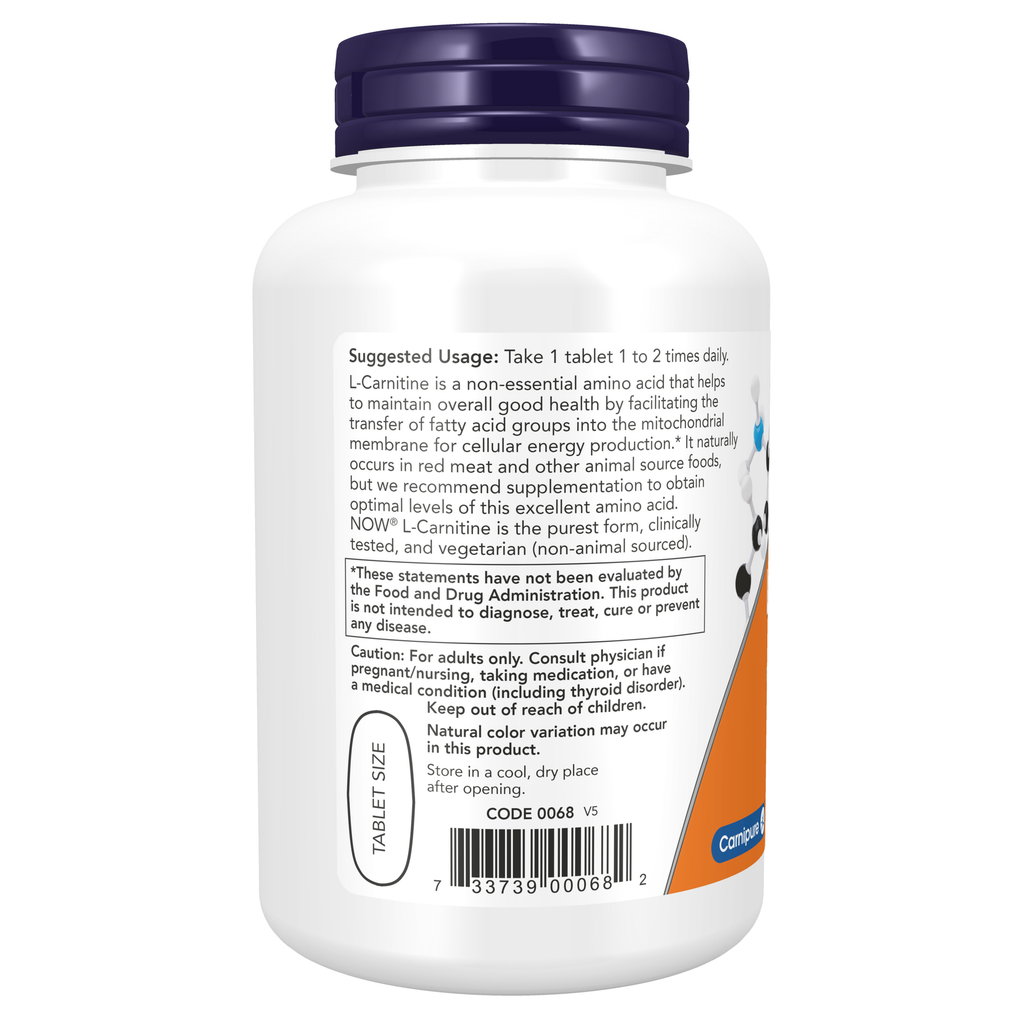 NOW Foods L-Carnitine 1000 mg - 100 Tablets – Label details / Etykieta producenta