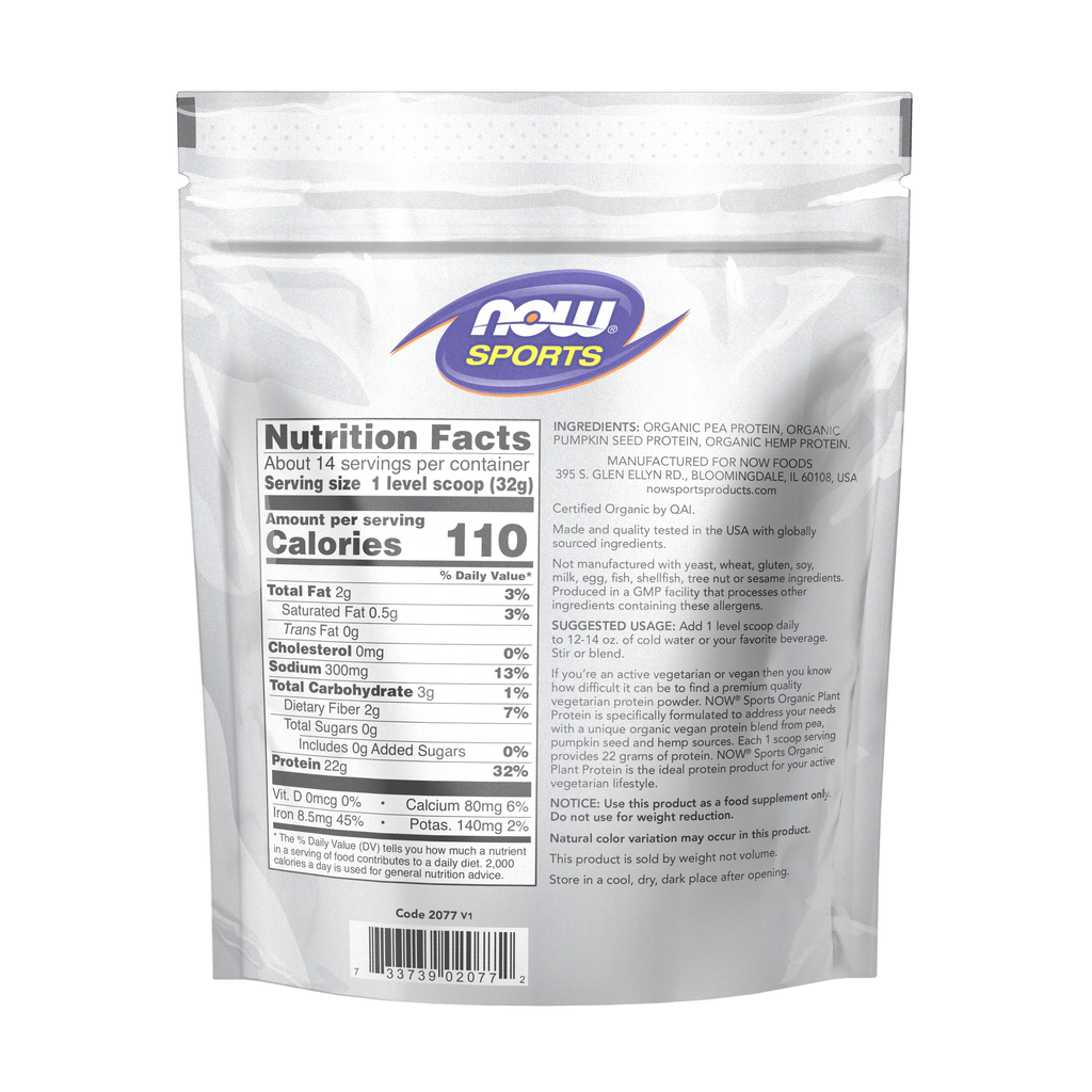 NOW Foods Plant Protein, Organic Unflavored Powder - 1 lb. – Back label / Etykieta producenta