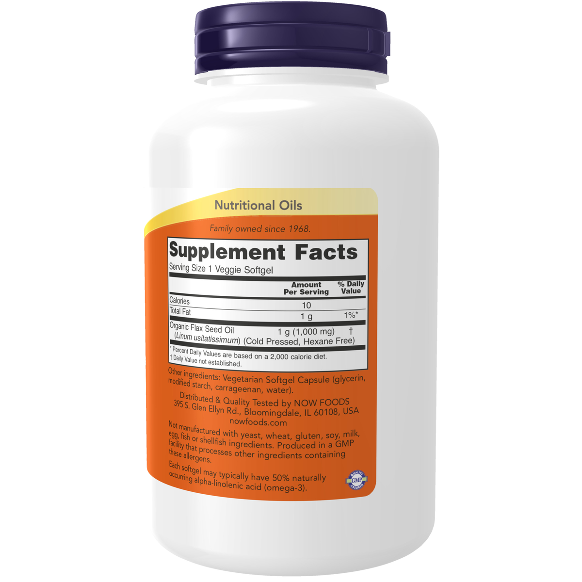 NOW Foods Flax Oil 1000 mg Vegan Formula - 120 Veggie Softgels – Label details / Etykieta producenta