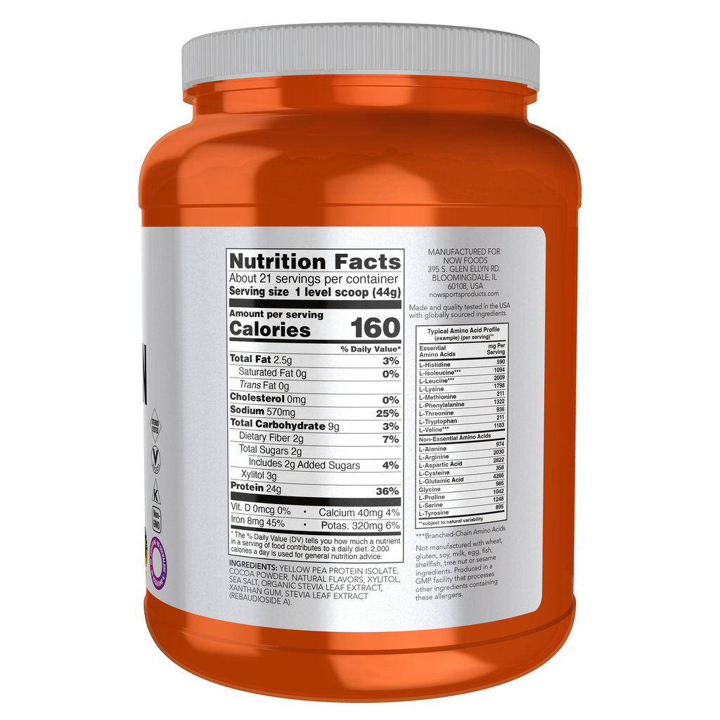 NOW Foods Pea Protein, Creamy Chocolate Powder - 2 lbs. – Right label / Etykieta producenta