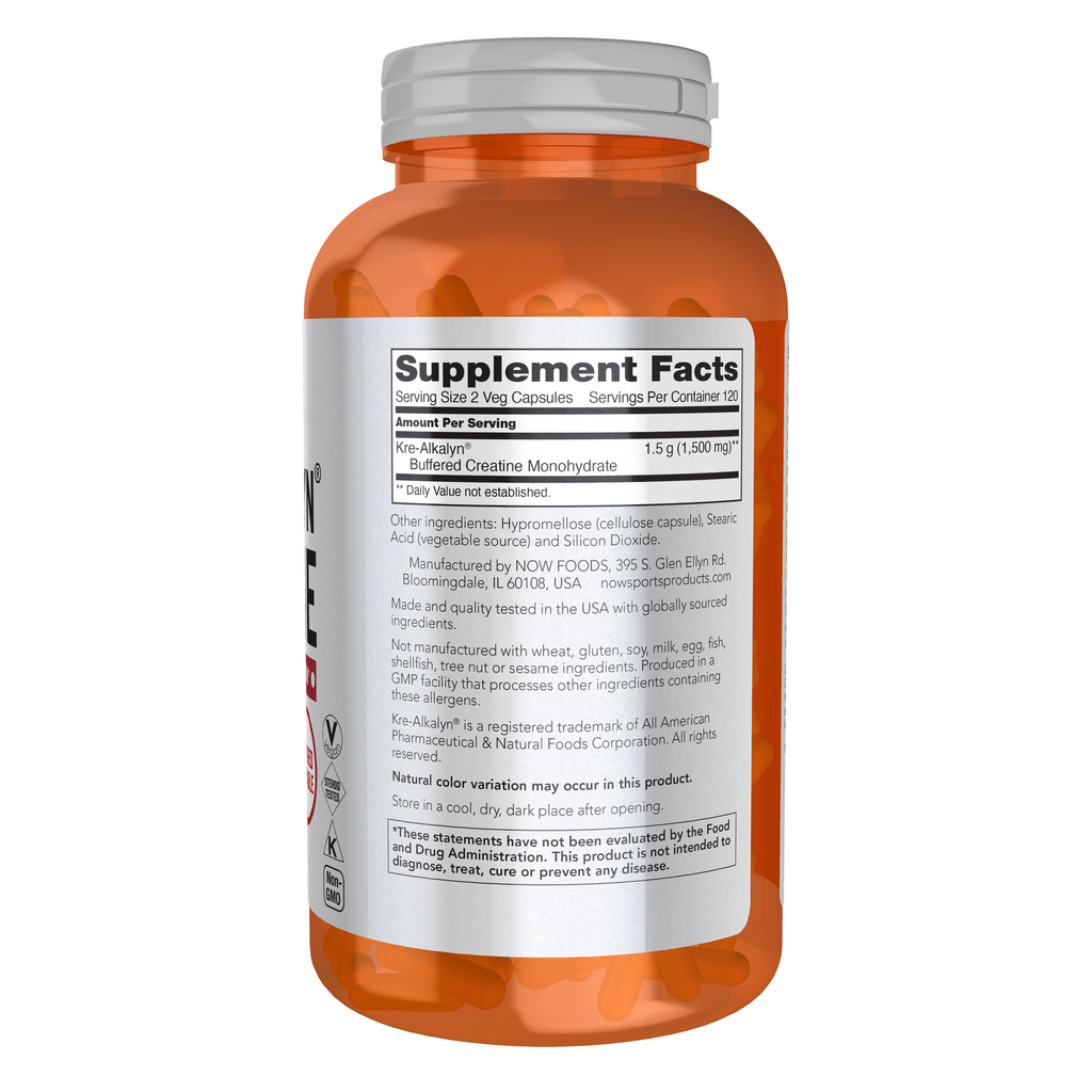 NOW Foods Kre-Alkalyn® Creatine - 240 Veg Capsules – Right label / Etykieta producenta