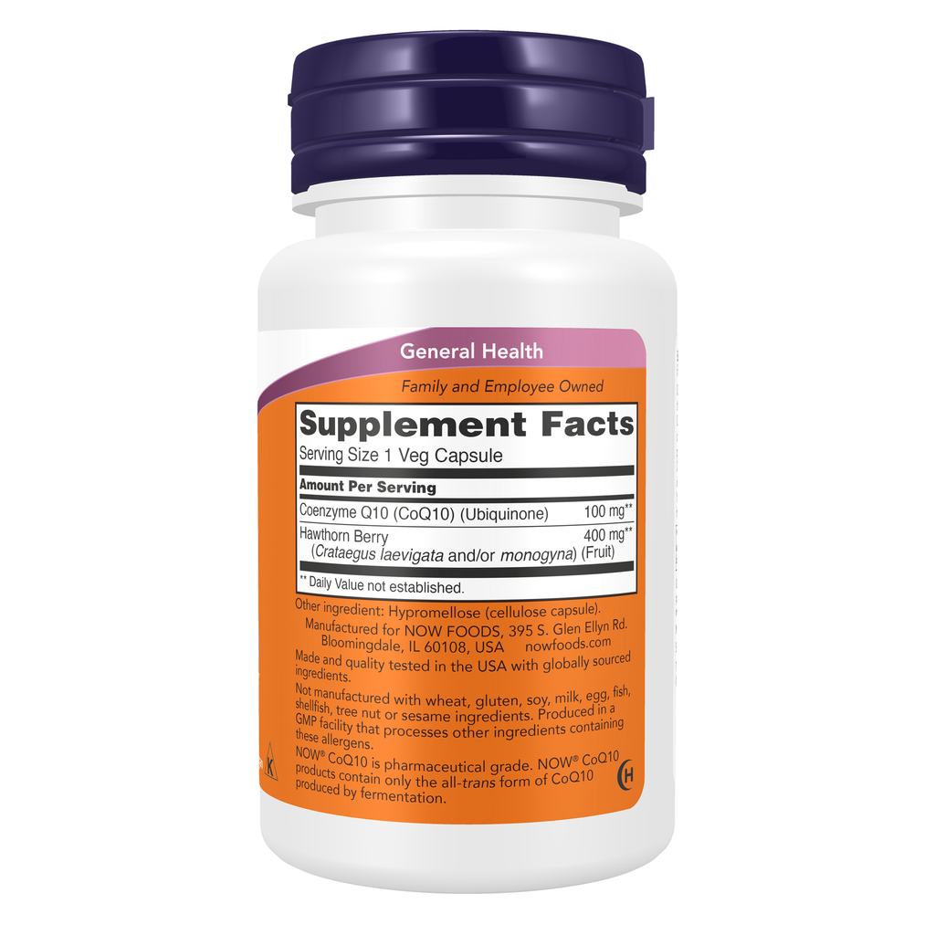 NOW Foods CoQ10 100 mg with Hawthorn Berry - 30 Veg Capsules – right label / Etykieta producenta