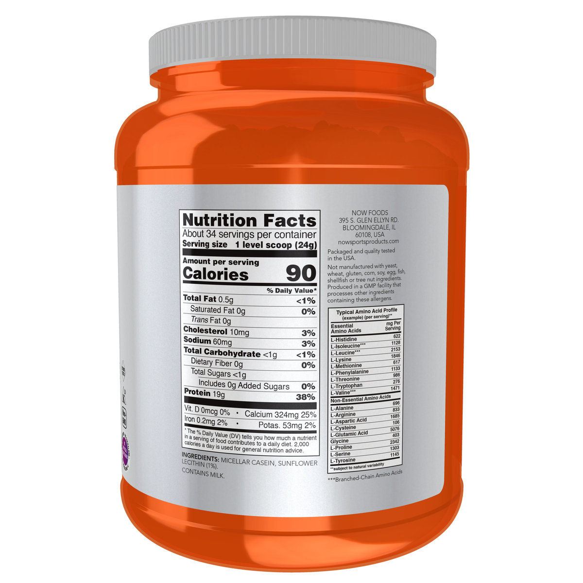 NOW Foods Micellar Casein, Unflavored Powder - 1.8 lbs. – Label details / Etykieta producenta