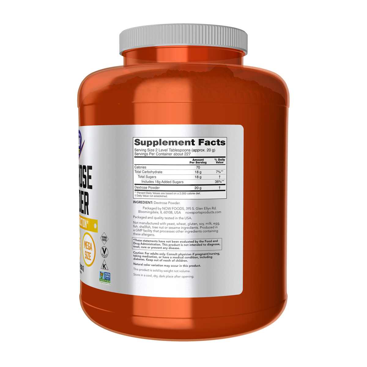 NOW Foods Dextrose Powder - 10 lbs. – Right label / Etykieta producenta