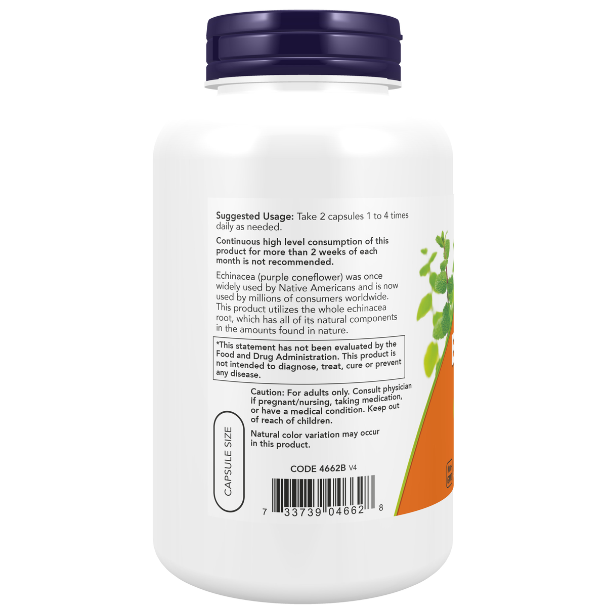 NOW Foods Echinacea 400 mg - 250 Veg Capsules – Label details / Etykieta producenta