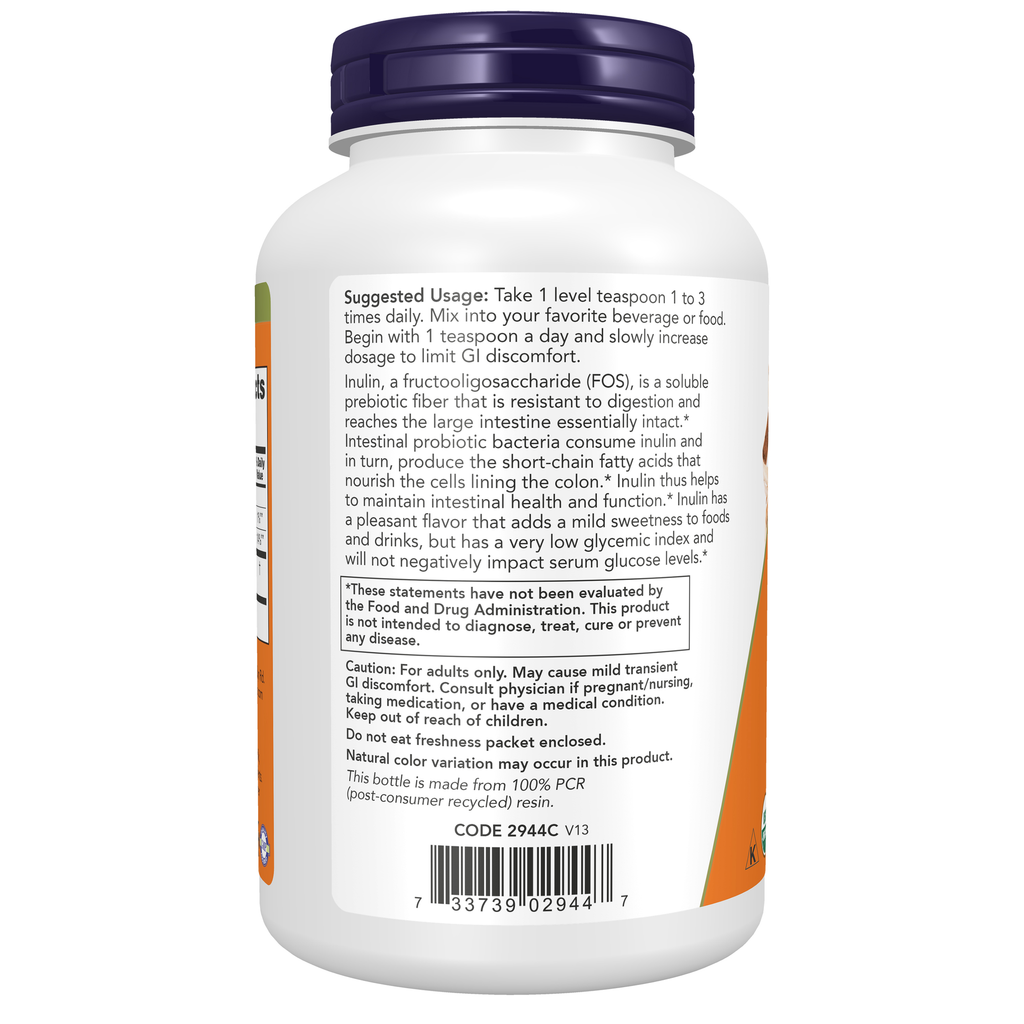 NOW Foods Inulin Prebiotic Pure Powder, Organic - 8 oz. – left label / Etykieta producenta