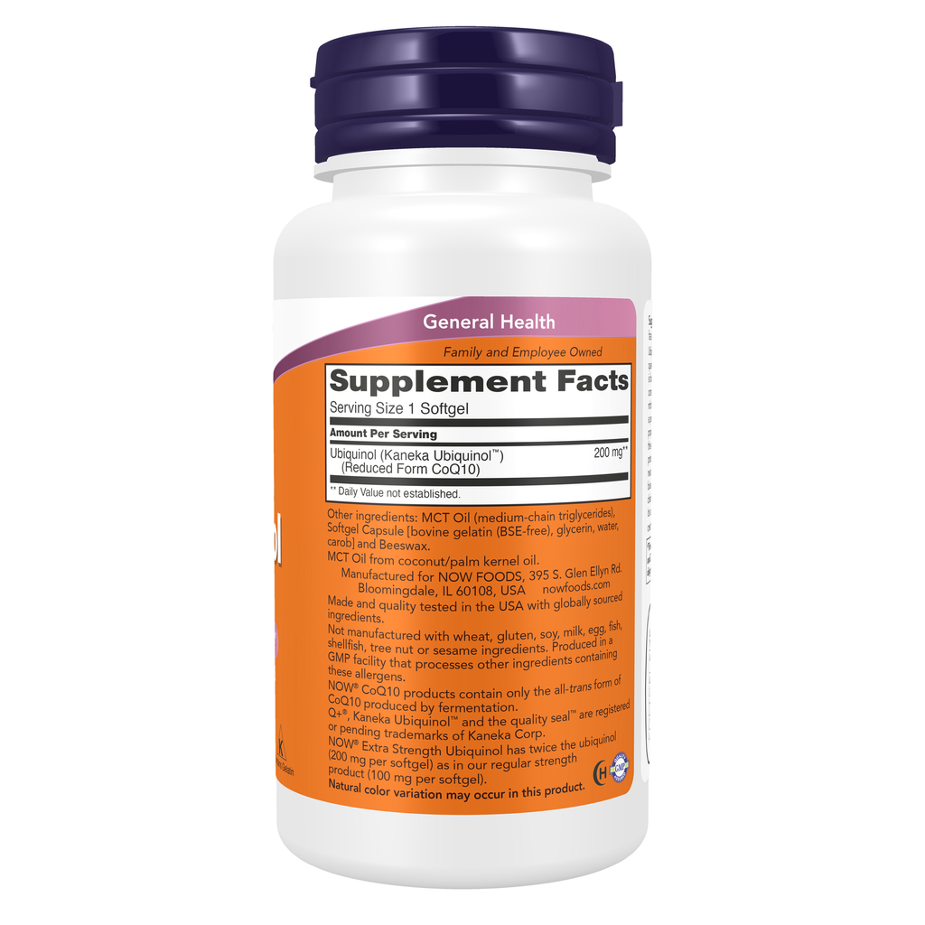 NOW Foods Ubiquinol, Extra Strength 200 mg - 60 Softgels – Right label / Etykieta producenta