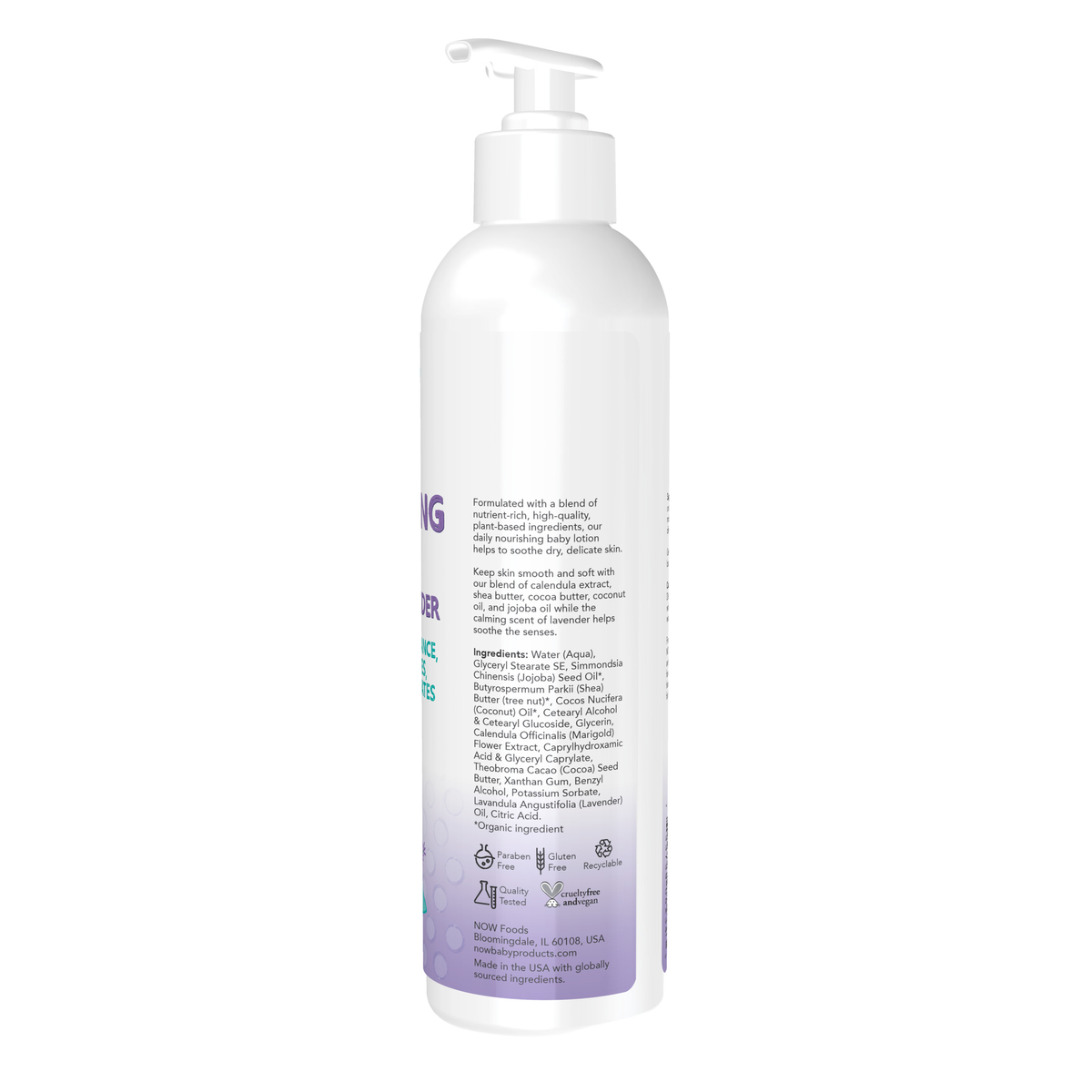 NOW Foods Nourishing Baby Lotion, Calming Lavender - 8 fl. oz. – Label details / Etykieta producenta