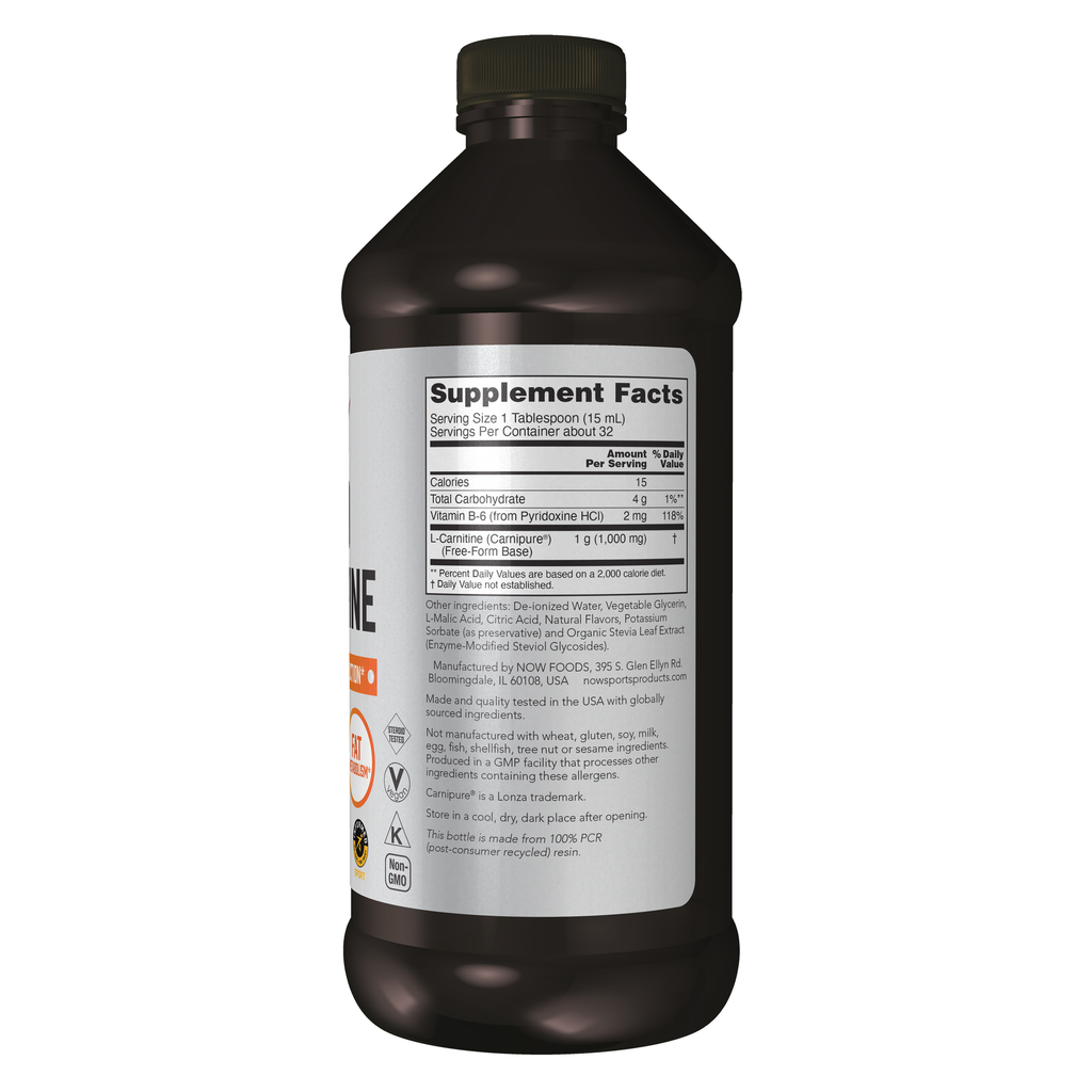 NOW Foods L-Carnitine Liquid 1000 mg, Tropical Punch - 16 fl. oz. – Right label / Etykieta producenta