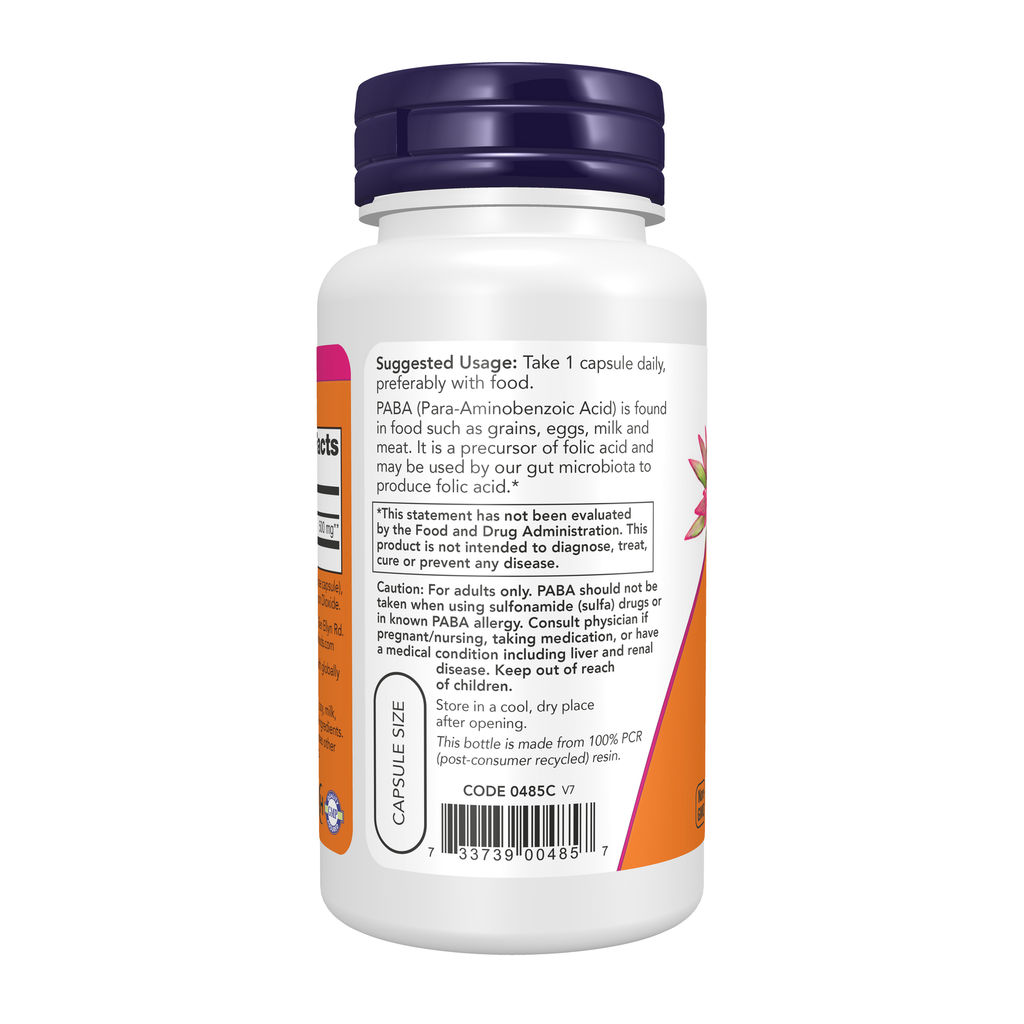 NOW Foods PABA 500 mg - 100 Veg Capsules – Left label / Etykieta producenta